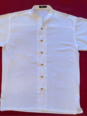 Mens 3XL White Mandarin Collar Shirt 100% Cotton Short Sleeve Frog Toggle Button